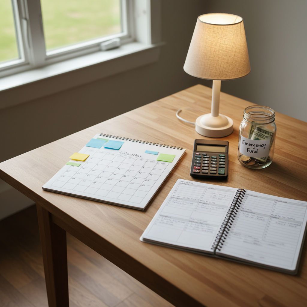 A tidy kitchen table transformed into a planning space, featuring a simple monthly wall calendar laid flat, color-coded sticky notes arranged along the edges, and a basic calculator placed beside a spiral-bound budget planner. A glass jar labeled “Emergency Fund” with a few visible bills inside sits near the top right corner, next to a modest lamp with a linen shade. Soft overcast daylight comes from a nearby window, complemented by the warm lamp glow, creating balanced, diffused lighting with gentle shadows. Captured from a slightly elevated angle in photographic realism, the composition follows the rule of thirds, emphasizing the planner and jar as focal points. The mood is organized, grounding, and quietly optimistic, evoking financial clarity and small, manageable steps toward stability for caregivers.