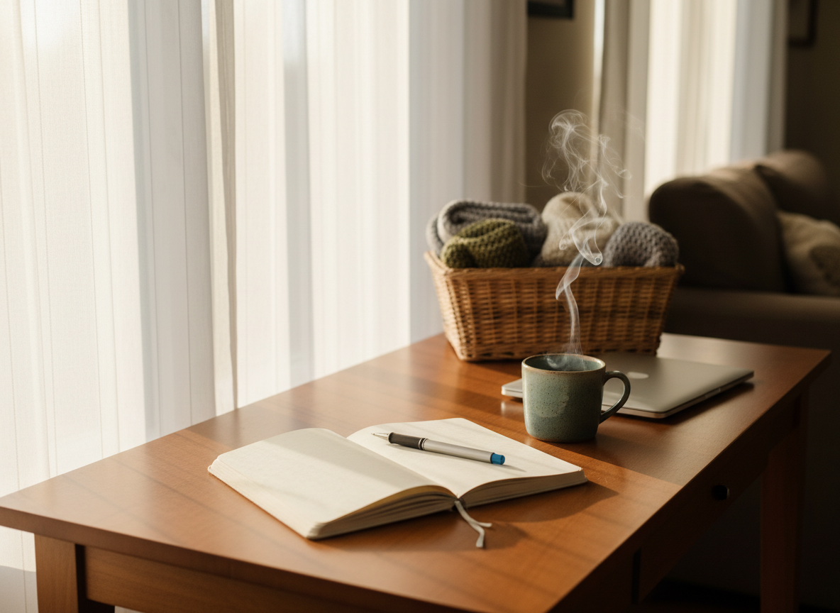 A neatly organized wooden writing desk with a soft linen notebook open to a fresh page, a simple ballpoint pen resting diagonally across it, and a small ceramic mug of herbal tea releasing a faint curl of steam. The desk sits near a large window in a quiet living room, with folded blankets stacked in a woven basket and a closed laptop off to the side, symbolizing a pause from constant caregiving tasks. Late afternoon natural light filters through sheer curtains, casting gentle, elongated shadows and a warm, hopeful glow. Photographic realism at eye level, using a shallow depth of field so the notebook and pen are in sharp focus while the background softens into a calm, uncluttered blur, creating a professional yet comforting atmosphere of reflection and regaining control.